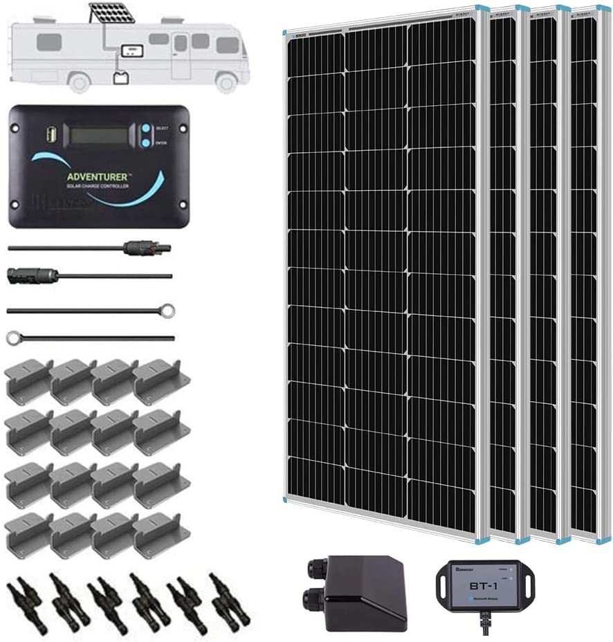 Renogy 400 Watts 12 Volts Monocrystalline Solar RV Kit Off-Grid Kit with Adventurer 30A PWM LCD Charge Controller+ Mounting Brackets+ Male and Female Connectors+Solar Cables+Cable Entry housing