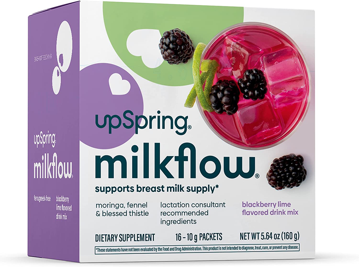 Upspring Milkflow Breastfeeding Supplement Drink Mix with Moringa & Blessed Thistle, No Fenugreek | Blackberry Lime Flavor | Lactation Supplement to Promote Healthy Breast Milk Supply | 16 Drink Mixes