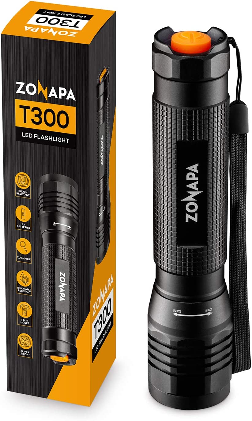 ZONAPA T300 LED Flashlight with Low, High, Strobe, and SOS Lighting Modes, Zoom Clarity Tactical Flashlight – High Lumen, IP6X Water Resistant for Camping, Hiking, Emergencies