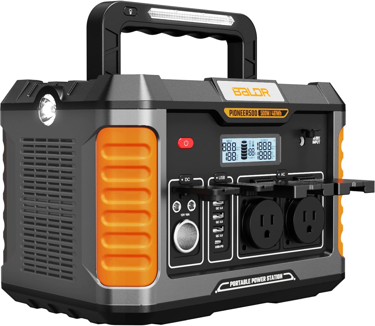 Portable Power Station 500W, BALDR 461Wh Solar Generator with 110V Pure Sine Wave AC Outlets, 12V Regulated DC, USB PD Output, Battery Power Generator for Camping RV/CAPA/Emergency(Solar Panel Optional)