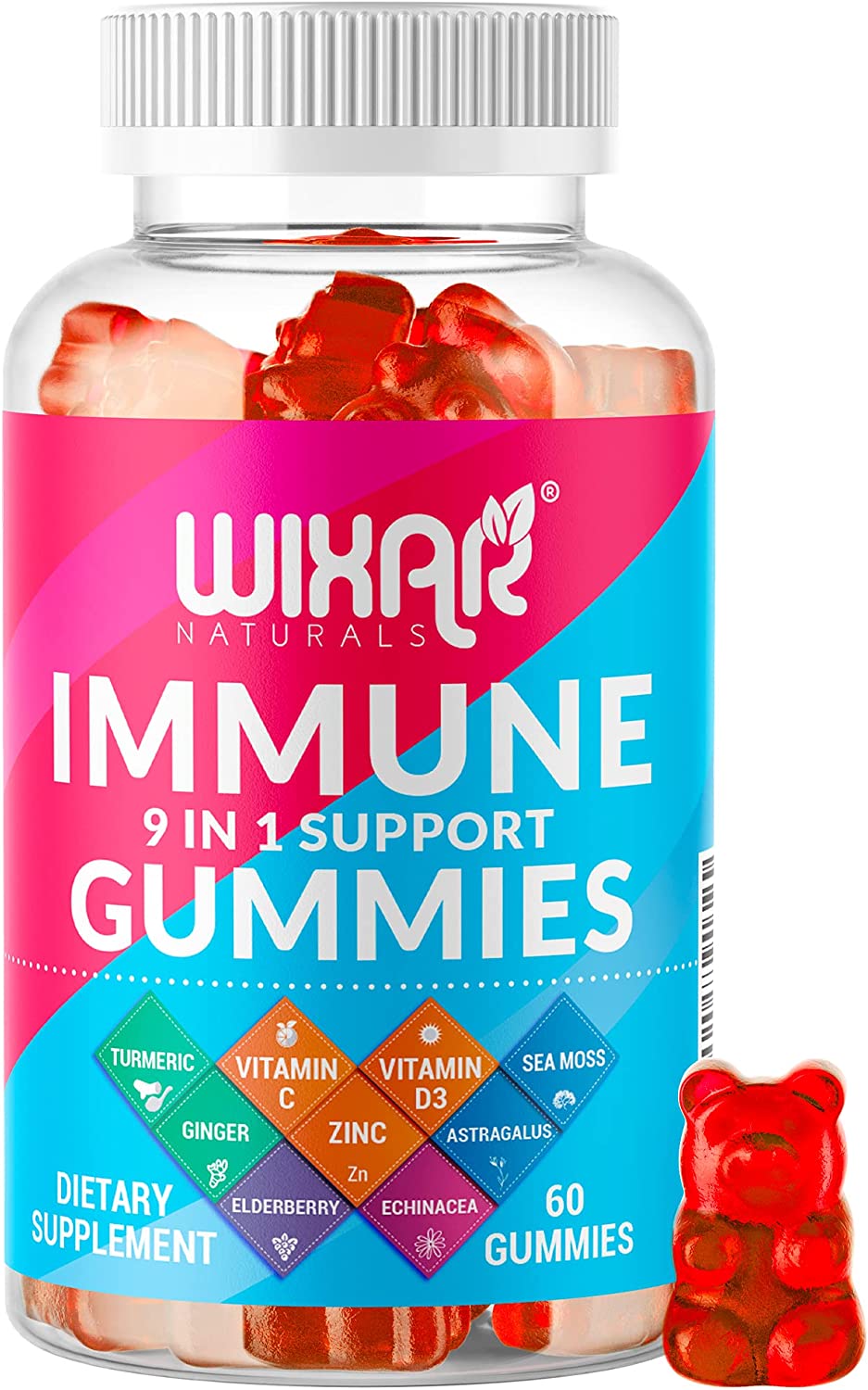 WIXAR NATURALS 9 in 1 Immune Support Gummies with Elderberry, Vitamin C&D, Zinc, Turmeric, Ginger, Echinacea, Astragalus & Sea Moss for Immunity Supplement – 60 Gummies
