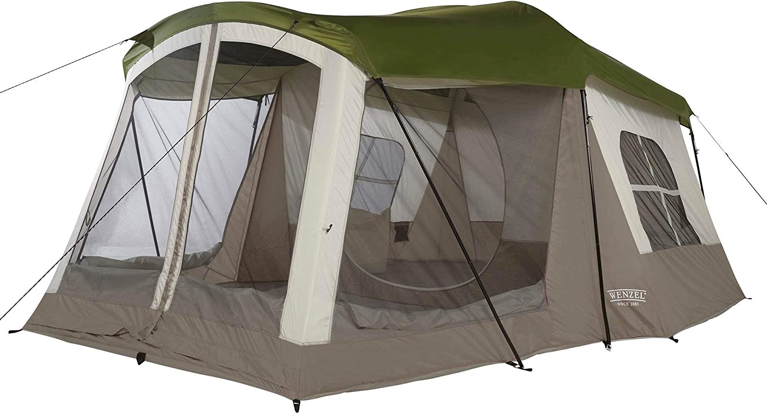 Wenzel Klondike 16Ft x 11Ft 8-Person 3-Season Large Outdoor Family Camping Tent with Screen Room, Mesh Roof, Windows, and Removeable Fly, Green