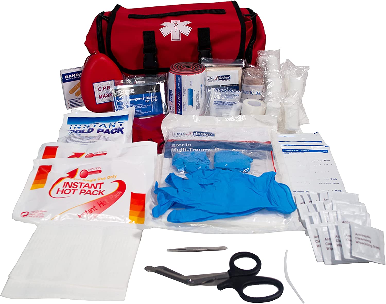LINE2design Emergency Fire First Responder Kit – Fully Stocked EMS Supplies First Aid Rescue Trauma Bag – EMS EMT Paramedic Complete Lifeguard Medical Supplies for Natural Disasters – Red