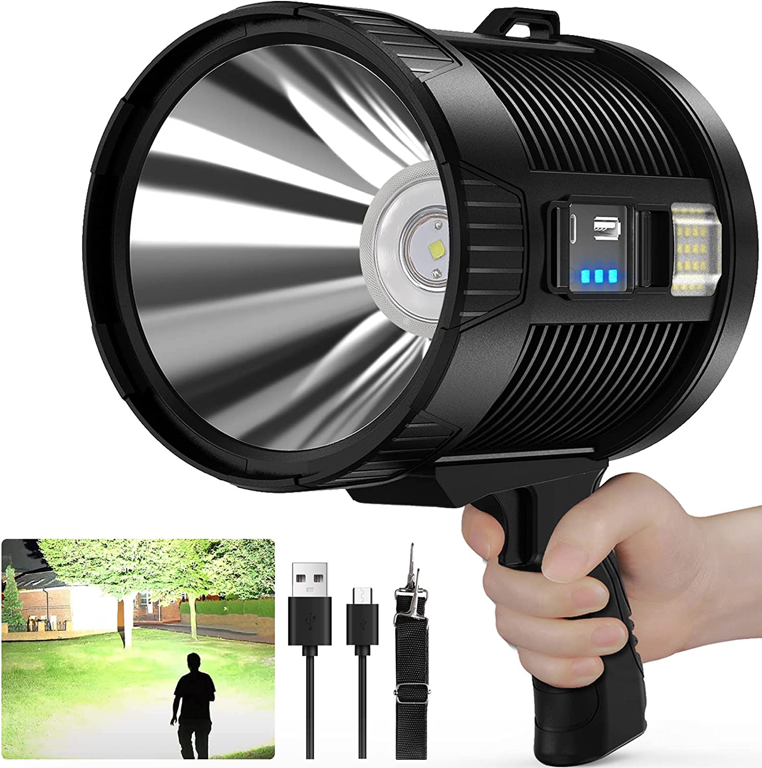 Rechargeable Spotlight Flashlight, Led Spot Lights Outdoor Handheld Spotlights for Hunting Boating Camping, 100000 Lumens Super Bright Waterproof Searchlight with 6 Modes, Cob Light and Solar Panels