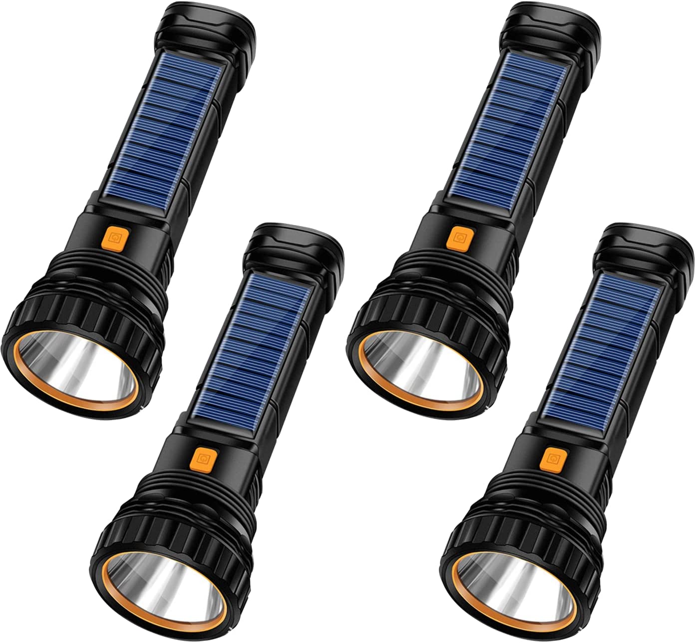 E-SHIDAI 4pcs Solar/Rechargeable Multi Function 1000 Lumens LED Flashlight, with Emergency Strobe Light and 1200 Mah Battery, Emergency Power Supply and USB Charging Cable, Fast Charging (4PC)