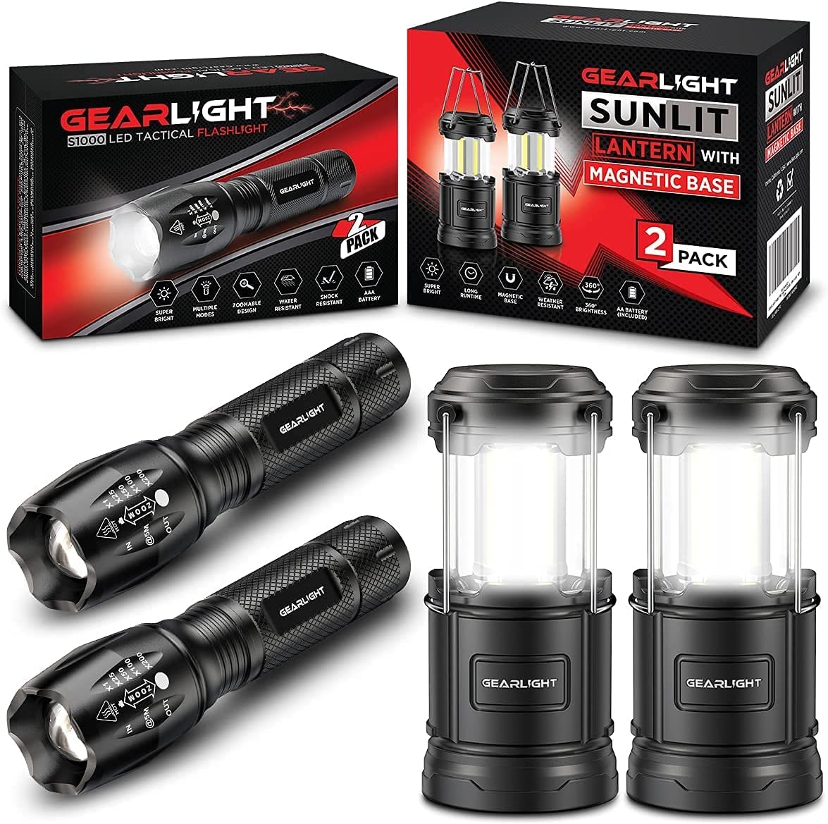 GearLight S1000 LED Tactical Flashlight with Holster [2 Pack] + GearLight Sunlit Lantern with Magnetic Base [2 Pack]