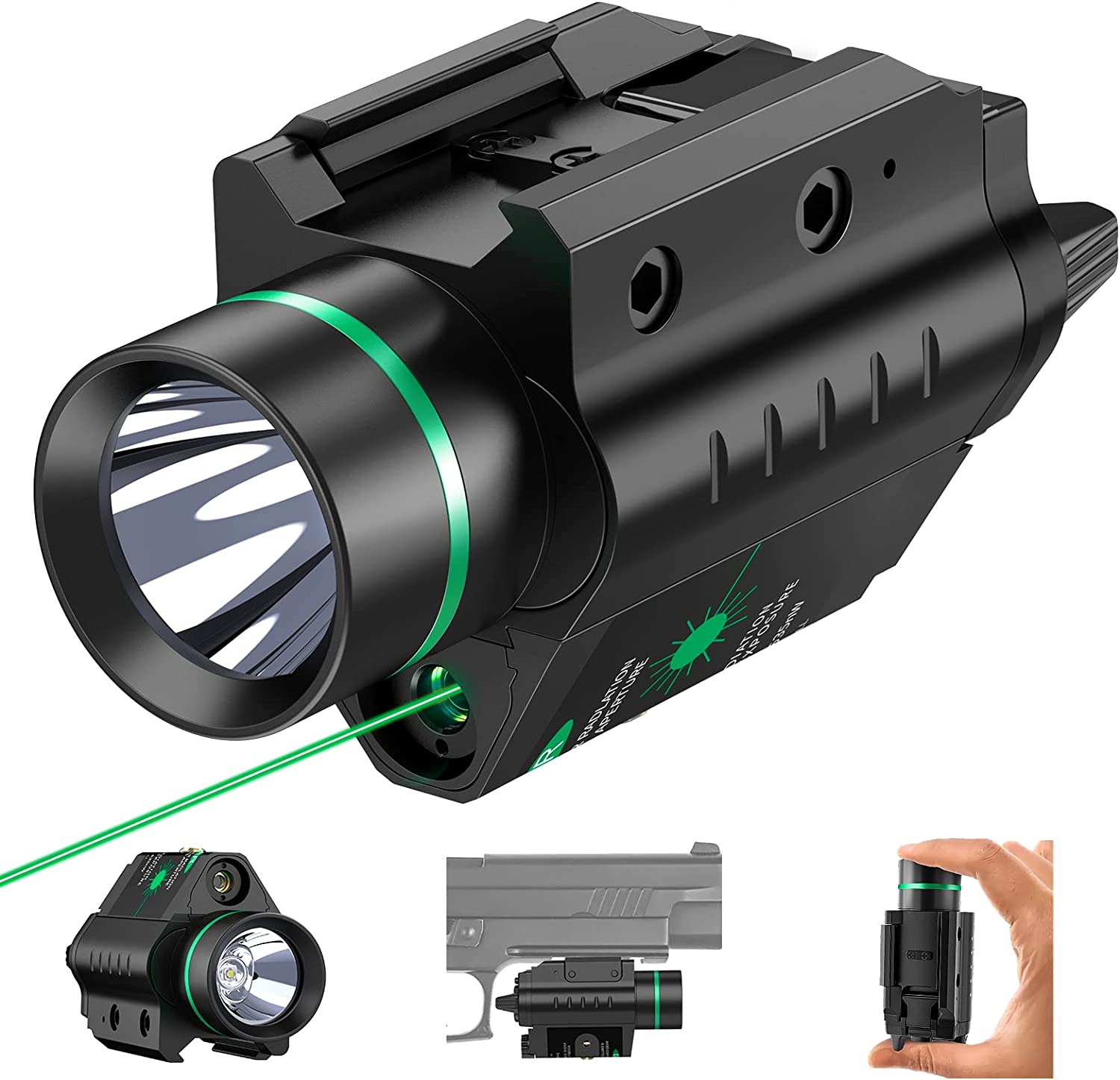 EZshoot Tactical Flashlight with Green / Red Beam, Pistol Laser Light Combo with Strobe 200 Lumens Picatinny Rail Mount Flashlight for Handgun w/ 2X CR123A Batteries