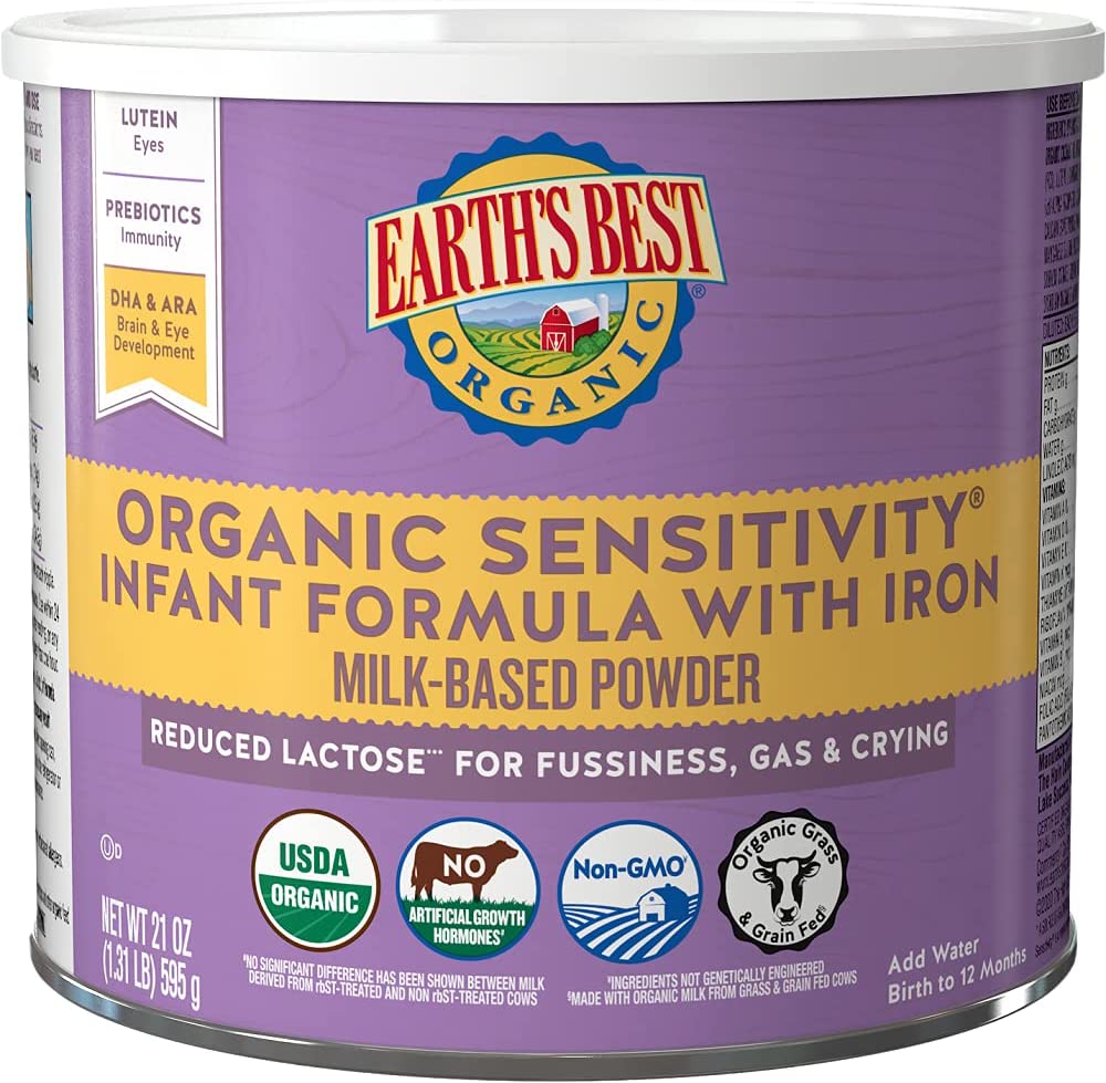 Earth’s Best Organic Sensitive Baby Formula for Babies 0-12 Months, Reduced Lactose Powdered Infant Formula with Iron, Omega-3 DHA, and Omega-6 ARA, 21 oz Formula Container