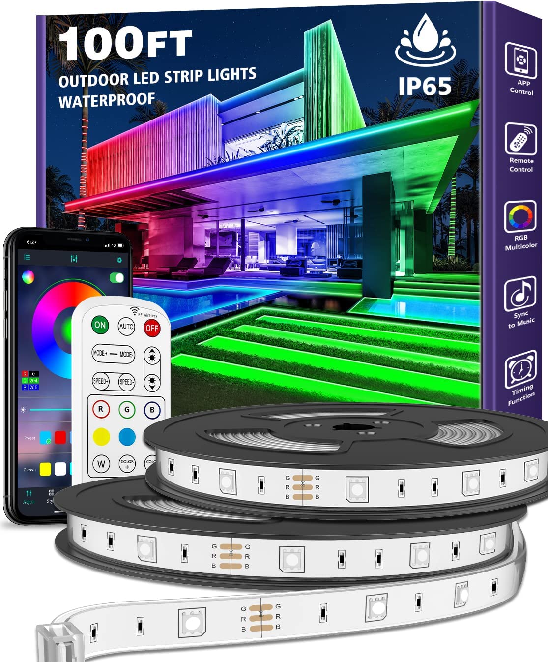 AILBTON 100ft Outdoor LED Strip Lights Waterproof,IP65 Outside Led Light Strips Waterproof with Bluetooth App Remote Control ,Music Sync RGB Exterior Led Rope Lights,for Balcony,Deck,Roof,Garden,Pool