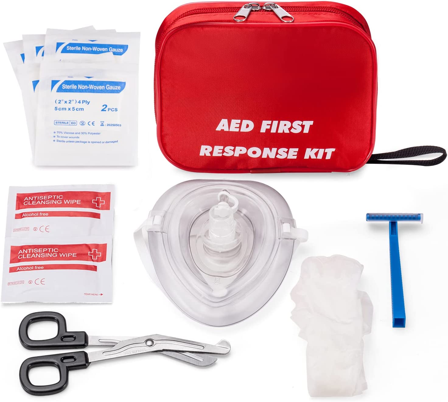 AED First Kit with CPR, Gloves, Razor, Scissors, Gauze Pads, and Cleansing Wipes for AED Training