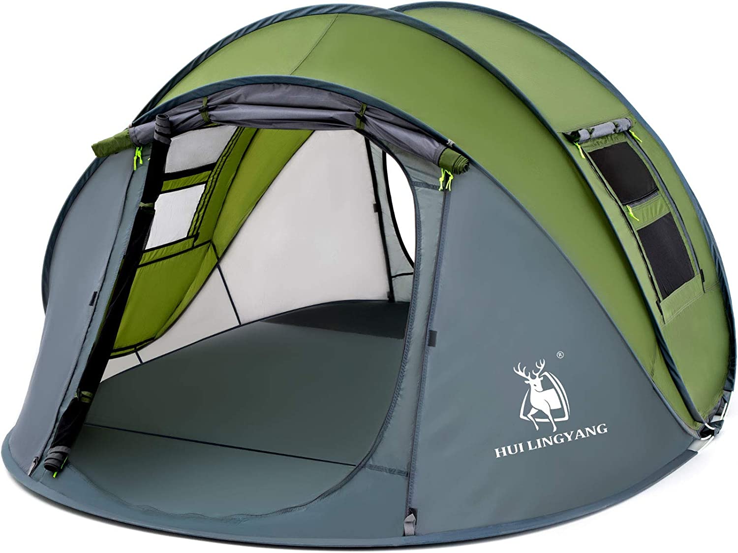 HUI LINGYANG 4 Person Easy Pop Up Tent,9.5’X6.6’X52”,Waterproof, Automatic Setup,2 Doors-Instant Family Tents for Camping, Hiking & Traveling