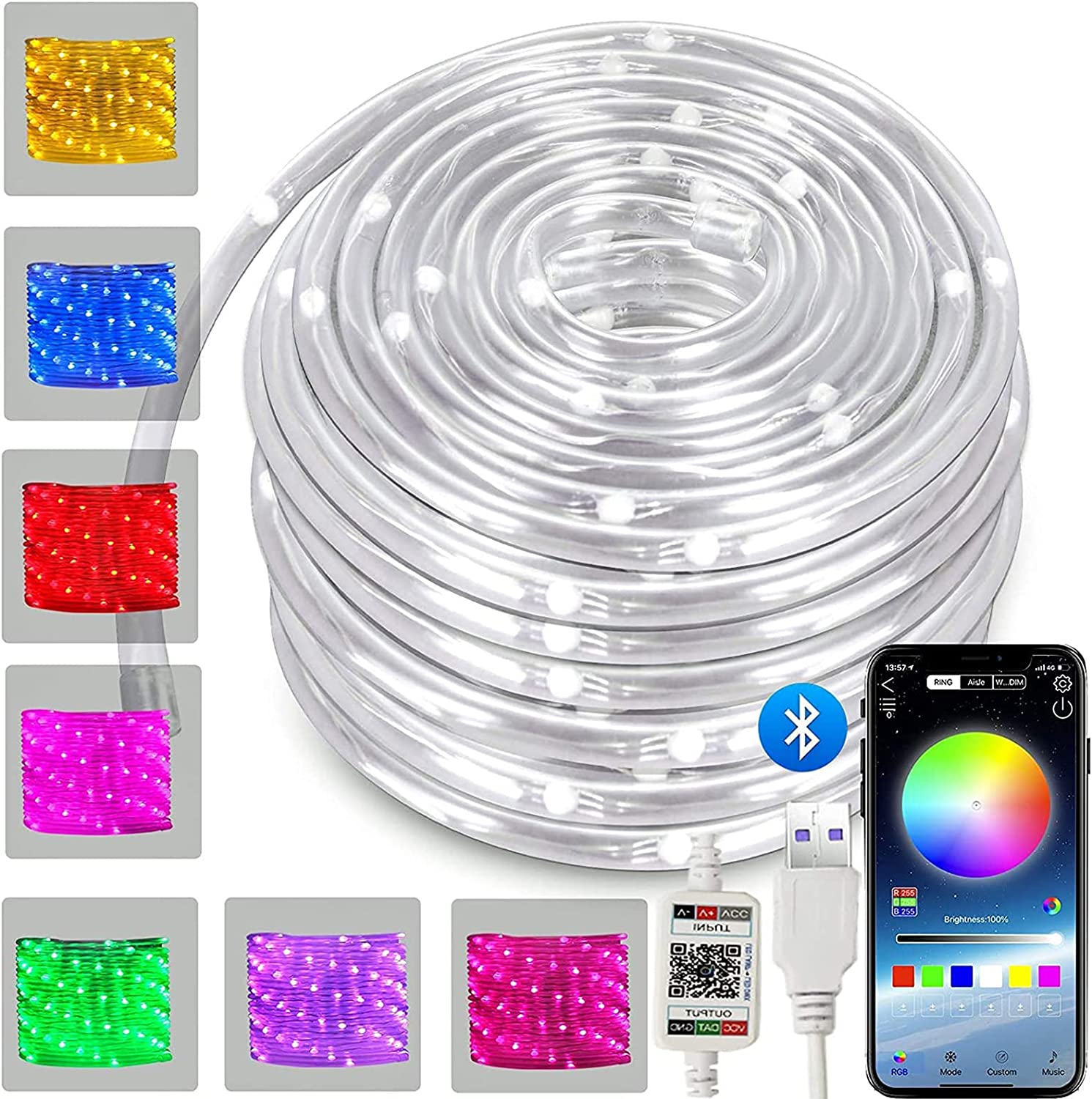 LOGUIDE LED Rope Lights 33ft 100LED App Smart Bluetooth Color Changing Indoor Lights USB Multicolor Twinkle Tube Fairy Lights for Indoor Bedroom Christmas Wedding Party Waterproof Outdoor Decorations