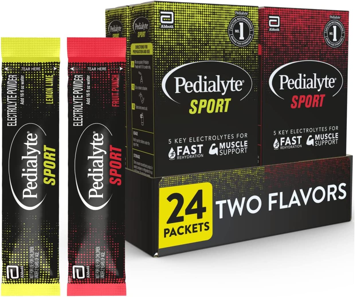 Pedialyte Sport Electrolyte Powder, Fast Hydration with 5 Key Electrolytes for Muscle Support Before, During, & After Exercise, 12 Lemon Lime & 12 Fruit Punch, 0.49-oz Packets (24 Count)
