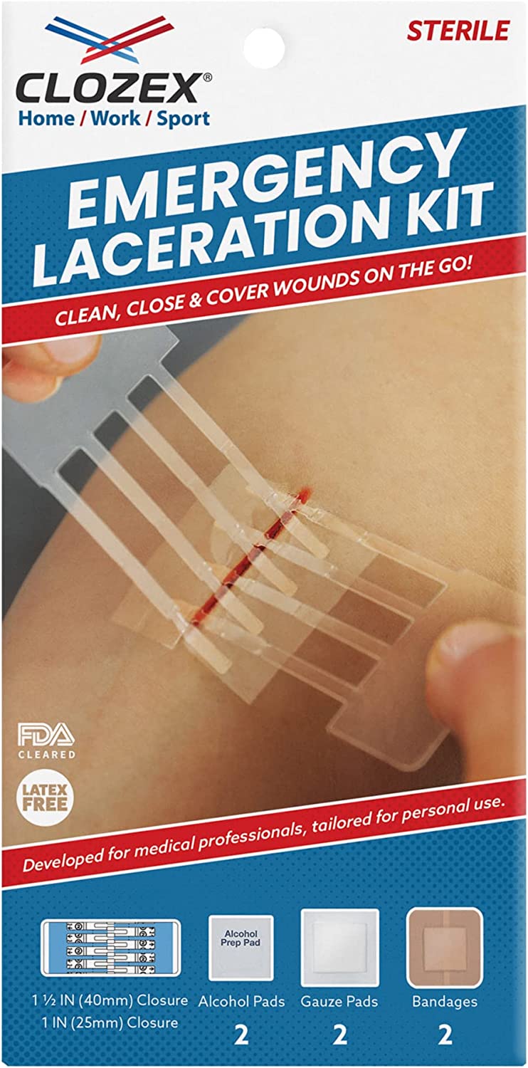 Clozex Emergency Laceration Kit – Repair Wounds Without Stitches. FDA Cleared Skin Closure Device for 2 Individual Wounds Or Combine for 2 1/2 in. Length. Complete Kit to Clean, Close, Cover Wounds.