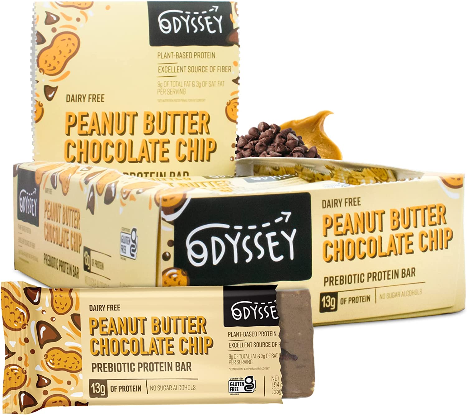 Odyssey Snacks, Peanut Butter Chocolate Chip Prebiotic Protein Bars, 12 Pack, 13g of Plant Protein, Healthy Gluten Free Protein Snacks, Fast Breakfast, Snack Food Replacement for Kids and Adults