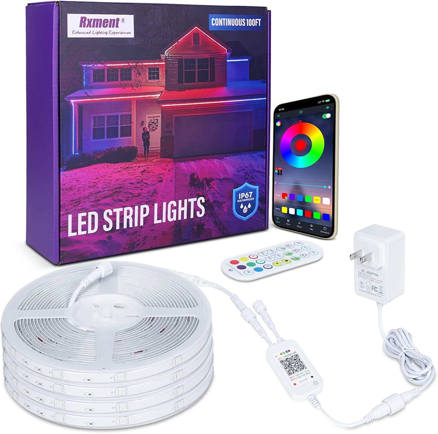 Rxment 100ft Continuous Outdoor Led Strip Lights Waterproof with RF Remote & Bluetooth Music Sync App Control, Long Color Changing LED Rope Lights,5050 RGB Super Bright Outside Led Lights, IP67,24V