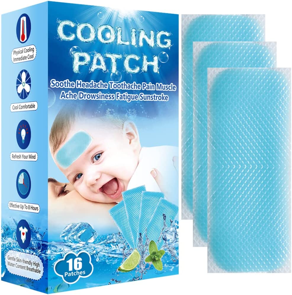 16 Sheets Baby Cool Pads for Kids Fever Discomfort & Pain Relief, Cooling Relief Fever Reducer, Soothe Headache Pain, Pack of 16