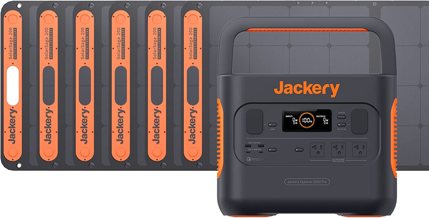 Jackery Solar Generator 2000 Pro, 2160Wh Generator Explorer 2000 Pro and 6X SolarSaga 200W with 3x120V/2200W AC Outlets, Solar Mobile Lithium Battery Pack for Outdoor RV/Van Camping, Overlanding