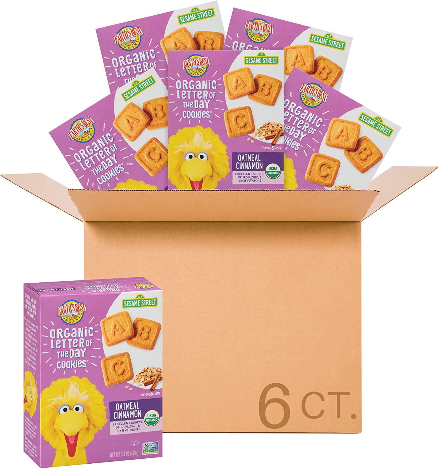 Earth’s Best Organic Kids Snacks, Sesame Street Toddler Snacks, Organic Letter of the Day Cookies for Toddlers 2 Years and Older, Oatmeal Cinnamon, 5.3 oz Box (Pack of 6)