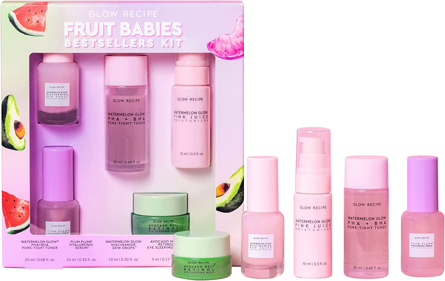 Glow Recipe Fruit Babies Skincare Kit – Gift Set with Retinol Eye Mask, Oil Free Face Moisturizer, BHA PHA Facial Toner, Hyaluronic Acid Serum & Niaciniamide Dew Drops Serum
