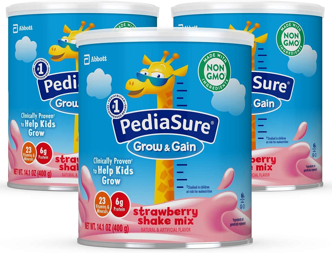 PediaSure Grow & Gain Non-GMO and Gluten-Free Shake Mix Powder, Nutritional Shake For Kids, With Protein, Probiotics, DHA, Antioxidants*, and Vitamins & Minerals, Strawberry (24 servings – 3 cans)