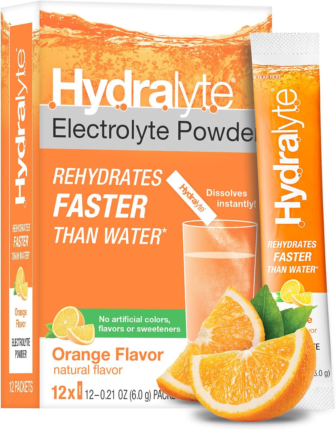 Hydralyte Low Sugar Rapid Rehydration – Lightly Sparkling Electrolyte Powder Packets, 8 oz Serve | Orange Hydration Packets | Hydration for Heat, Travel, Exercise and Bachelorette Parties (12 Count)