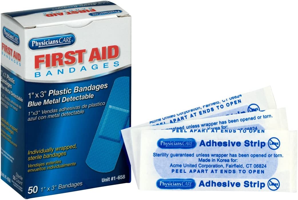 First Aid Only 1-658 Blue Metal Detectable 1" x 3" Plastic Bandages (Pack of 50)