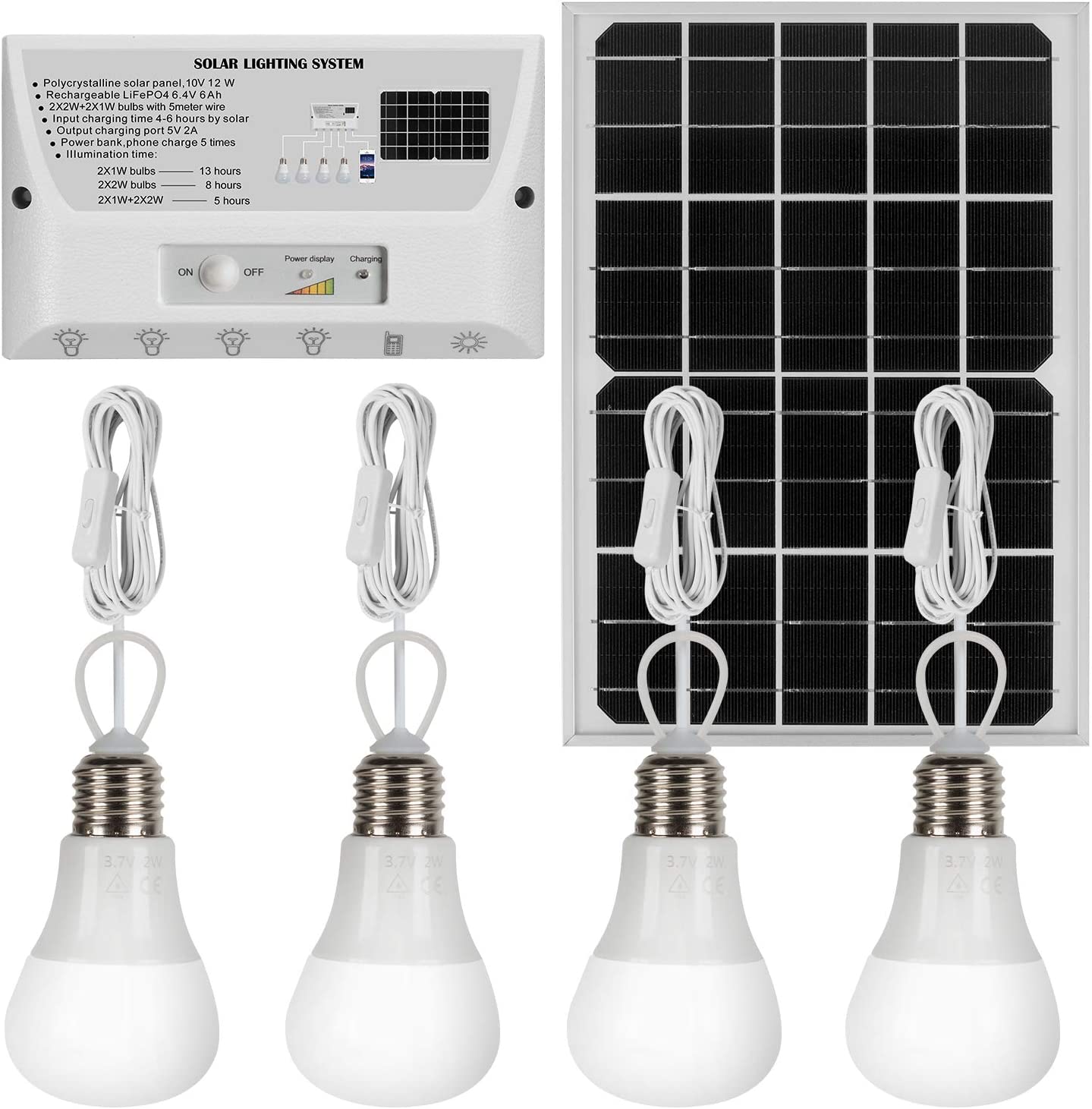 YINGHAO Solar Light Indoor Outdoor, Home Emergency Backup Power Supply, Solar Lighting System, 4 LED Bulbs with Switches, 33FT Cord Pendant lights for Shed Barn Garden Camping Plus AC Charging Adapter