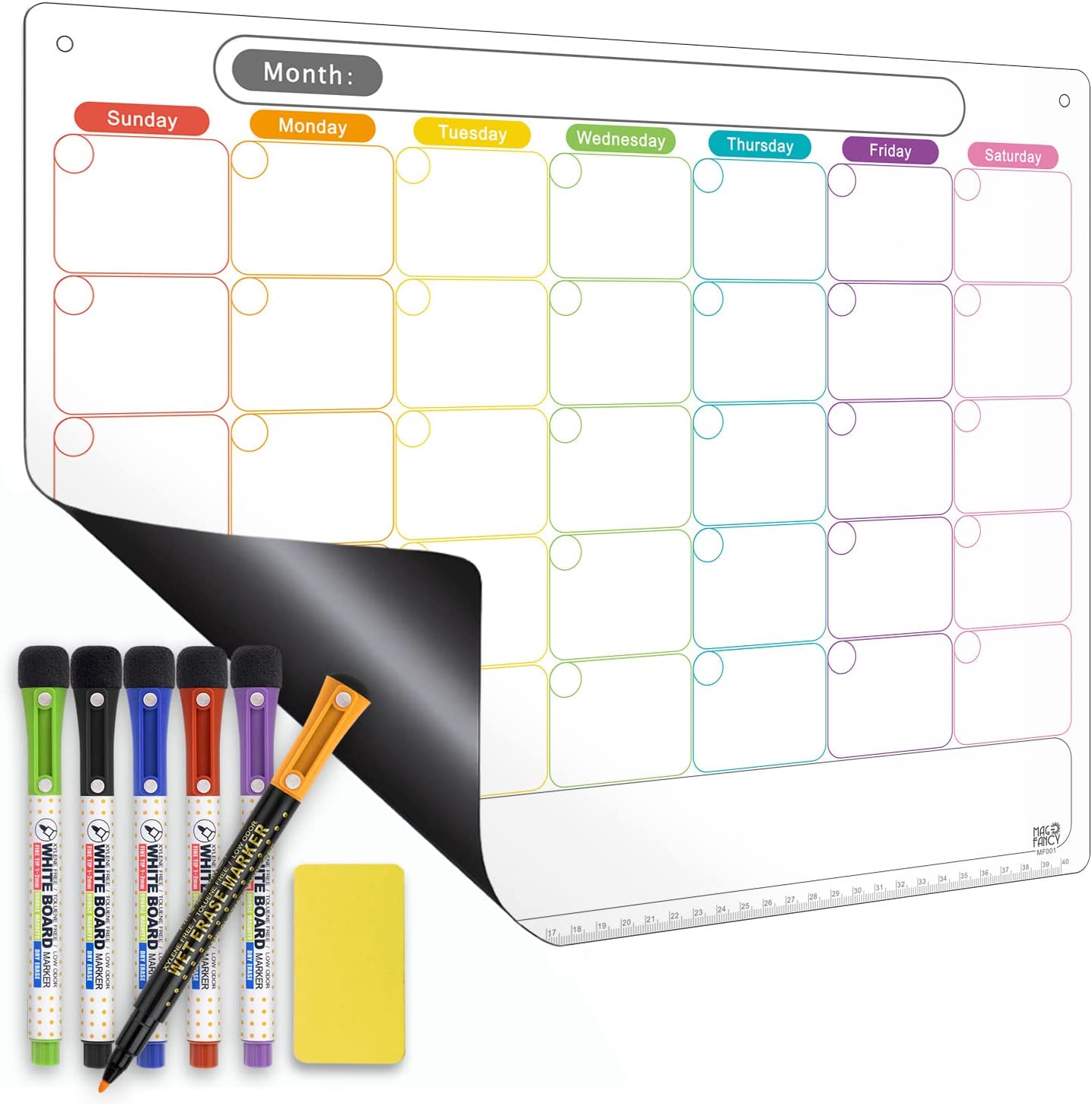 Dry Erase Calendar Kit- Magnetic Calendar for Refrigerator – Monthly Fridge Calendar Whiteboard with Extra-Thick Magnet Included Fine Point Marker & Eraser & Holes for Wall Hanging
