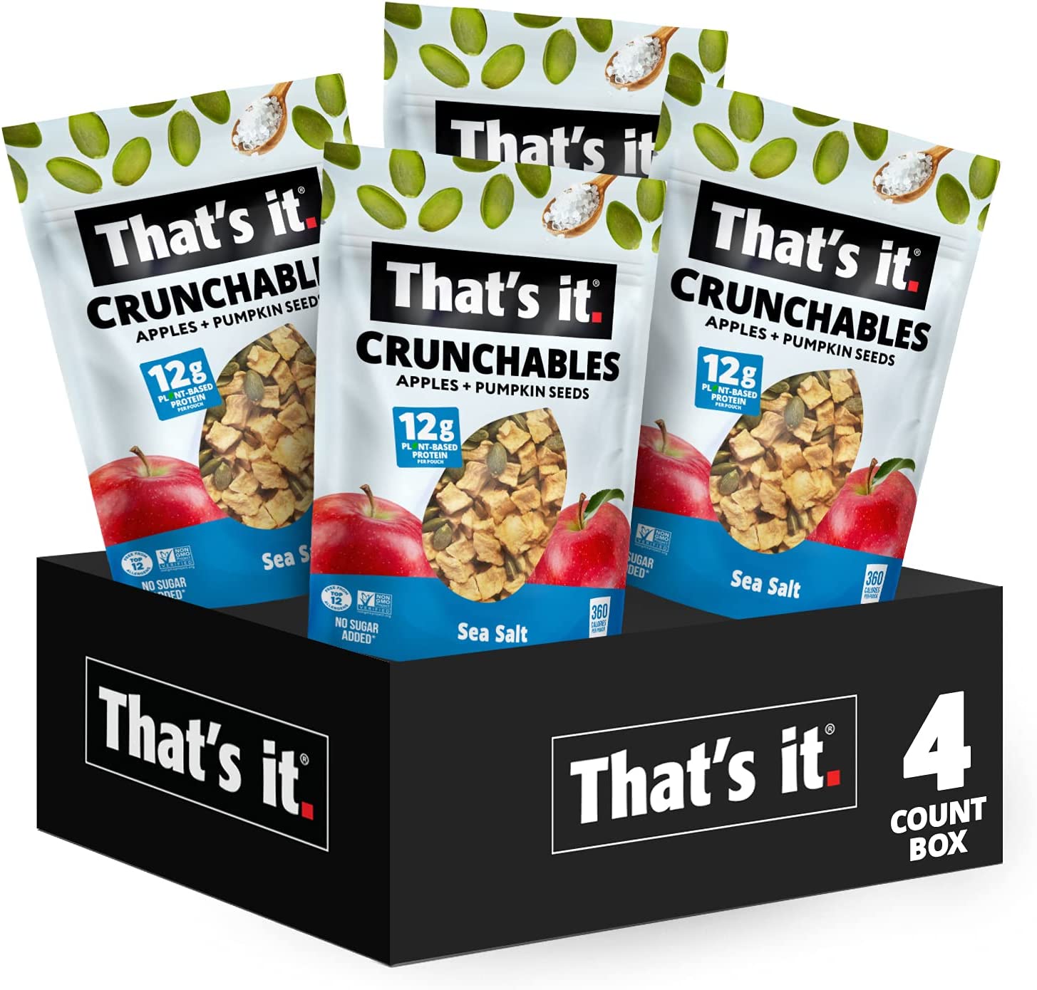 That’s it. Crunchables (Apple + Sea Salt) Plant Based Protein, Gluten-Free Crunchy Snack Mix, (4 Packs x 2.5oz) Perfect for Salad Topper and Yogurt Topper