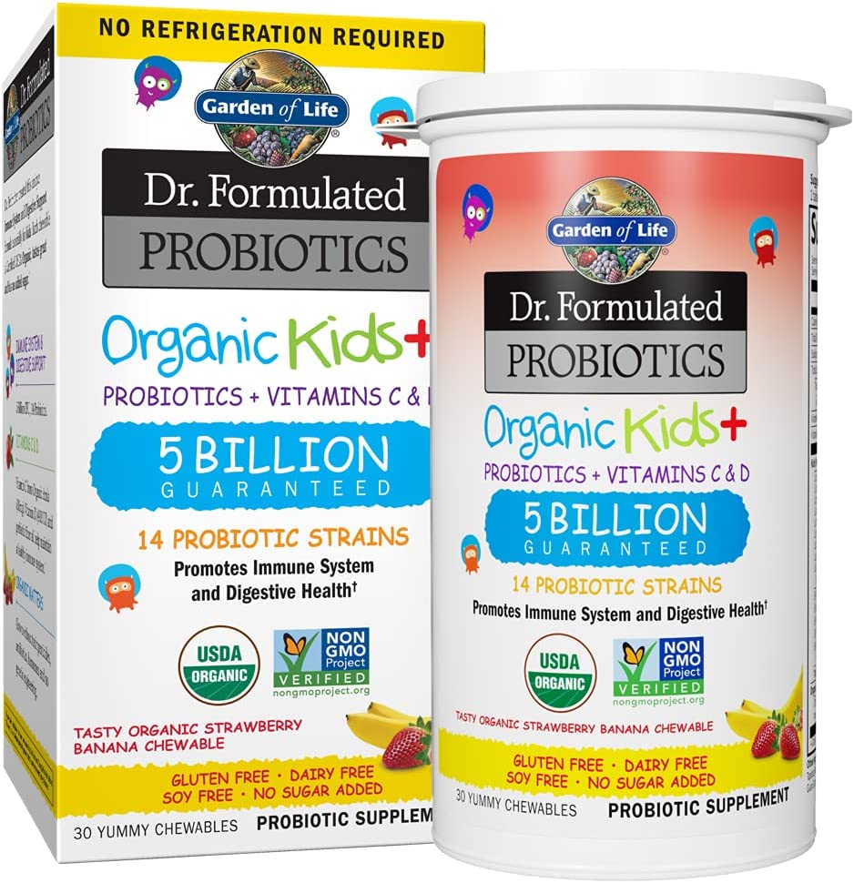 Garden of Life Dr. Formulated Probiotics Organic Kids+ Plus Vitamin C & D, Strawberry Banana, Gluten Dairy & Soy Free Immune & Digestive Health Supplement, No Added Sugar, 30 Chewables (Shelf Stable)