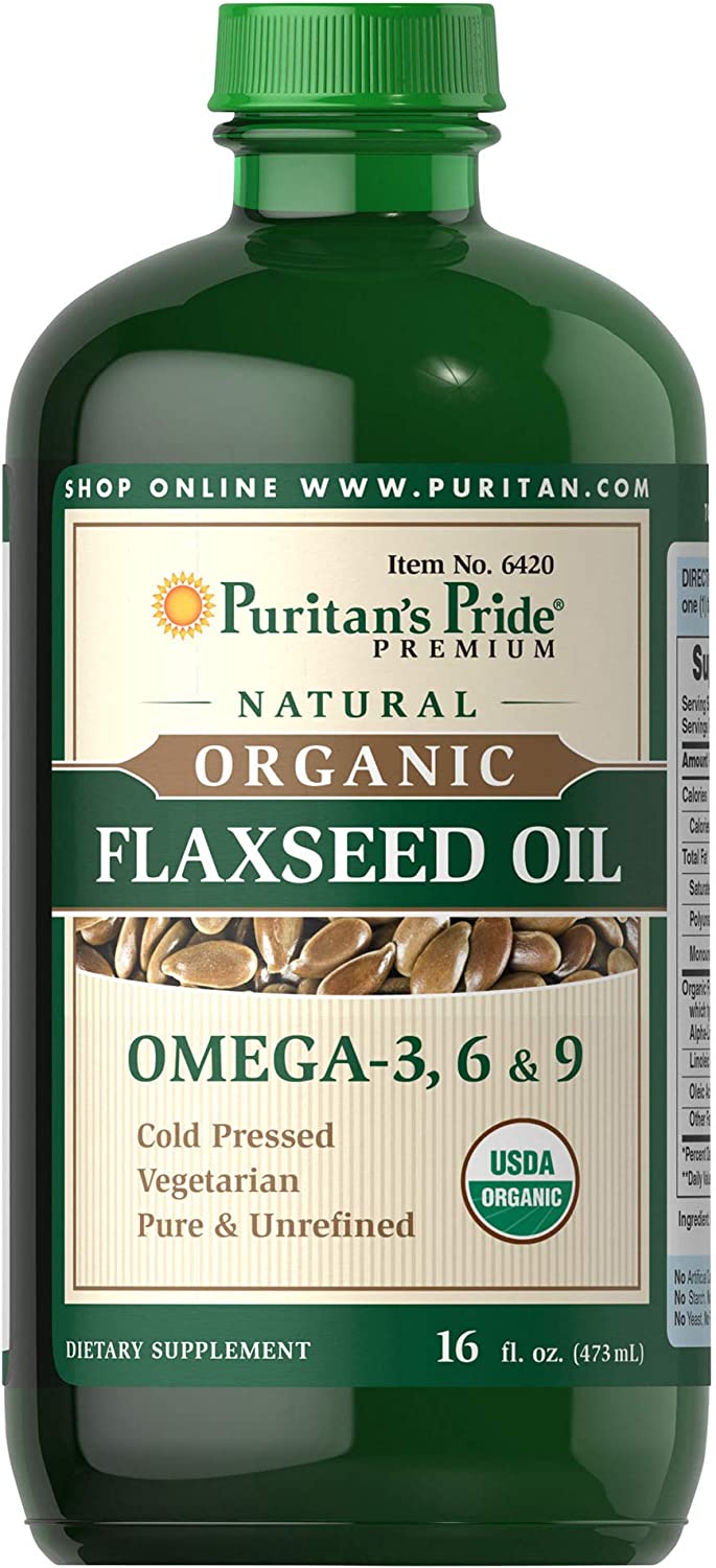Puritan’s Pride Organic Flaxseed Oil, Cold-Pressed, Source of Vegetarian Omega 3-6-9, 16 Fluid Ounce, Pack of 1 (Packaging may vary)