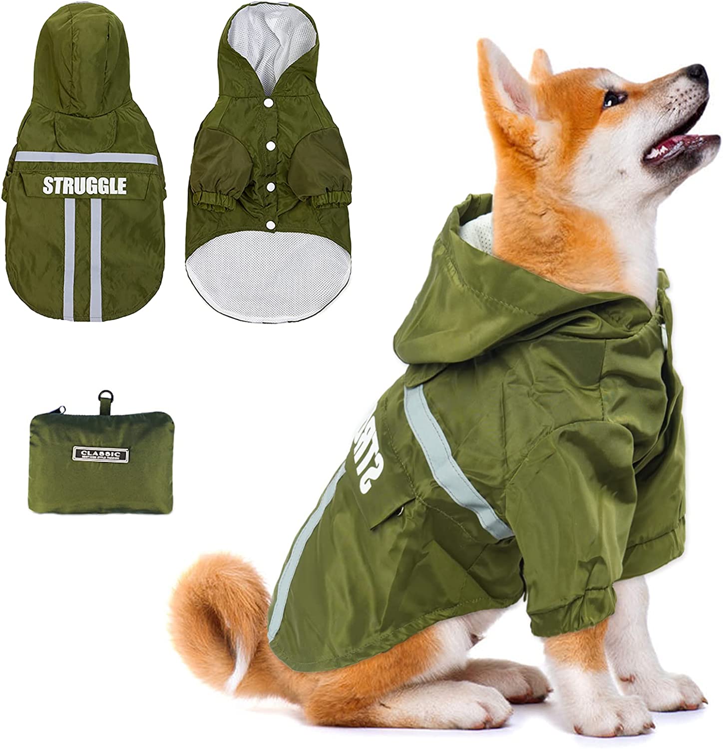 T’CHAQUE Dog Raincoat Hooded with Reflective Strip, Lightweight and Breathable Waterproof Dog Slicker Poncho Jacket, Stylish Folding Rainwear Jumpsuit for Puppy, Small and Medium Dogs, Green XXL
