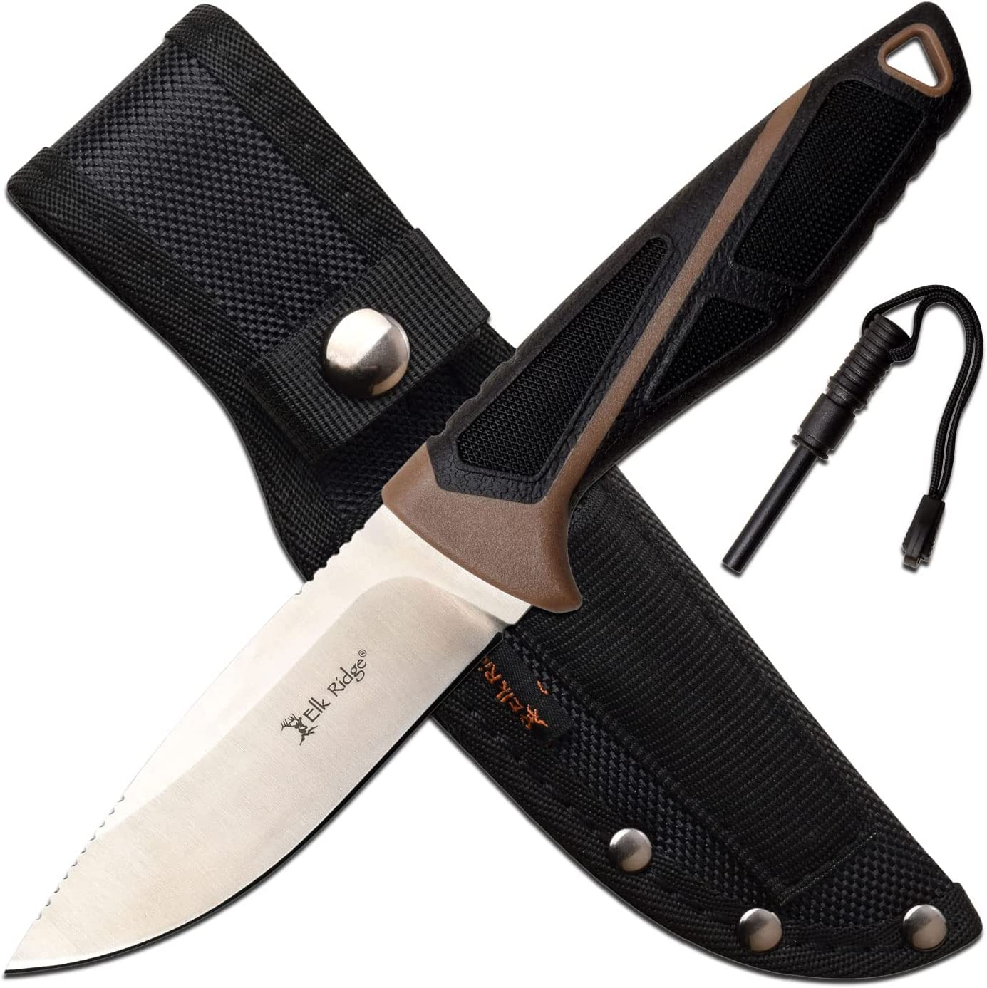 Elk Ridge – Outdoors Fixed Blade Knife – 4-in Satin Finish Stainless Steel Blade, Black and Brown Nylon Fiber Handle with Rubber – Nylon Sheath, Fire Starter – Hunting, Camping, Survival – ER-200-23BR