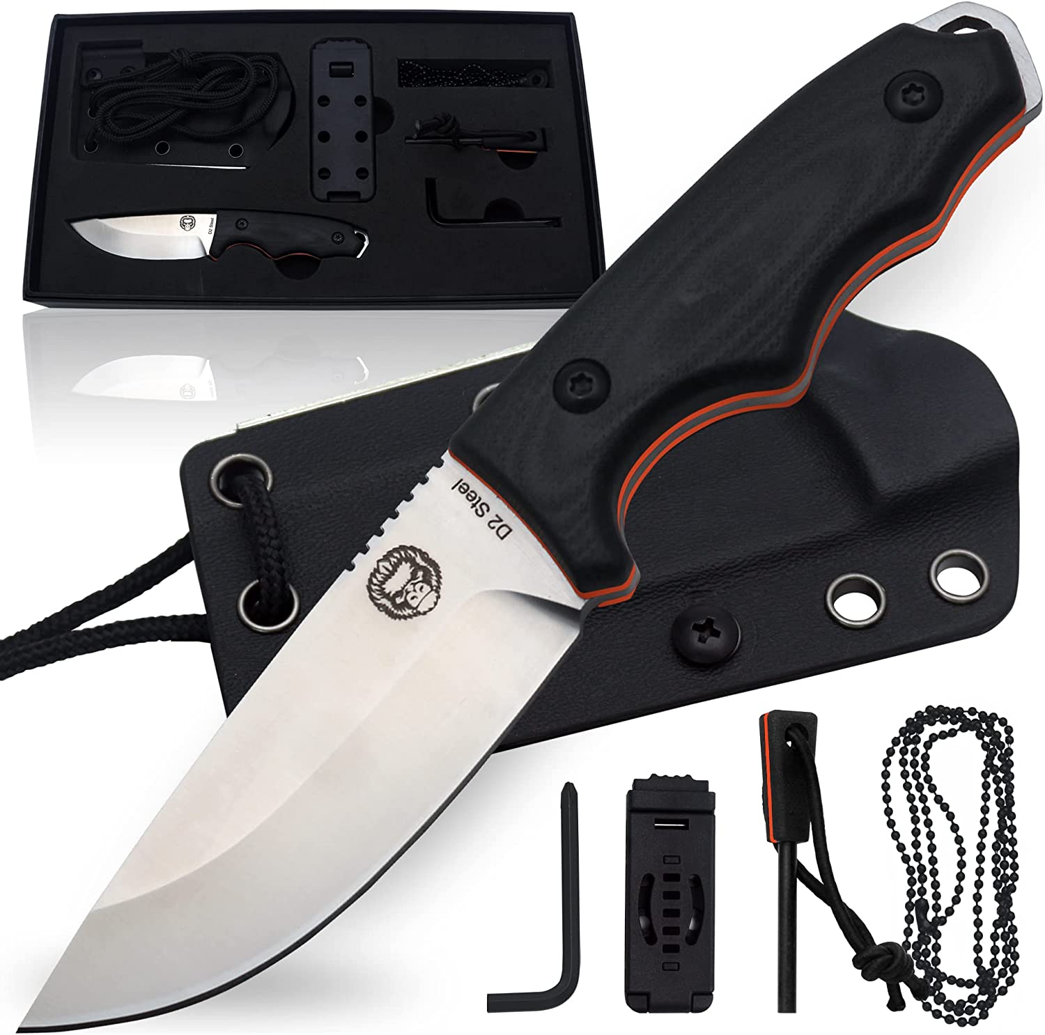 Survival Knife | Bushcraft Neck Knife Men’s Gift Set Fixed Blade Ambidextrous Kydex Sheath & Ferro Rod – Full Tang EDC D2 Blade – Nonslip Handle with Blade Jimping – Great For Camping Trekking (Silver Blade + Black and Orange Liner)