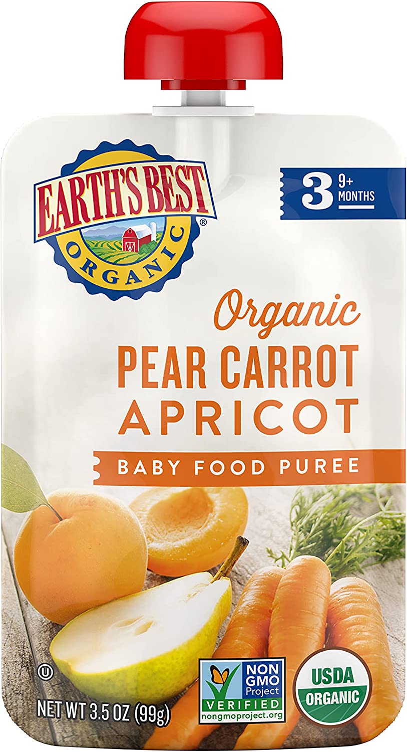 Earth’s Best Organic Stage 3 Baby Food, Pear Carrot Apricot, 3.5 oz (Pack of 12) (Packaging May Vary)