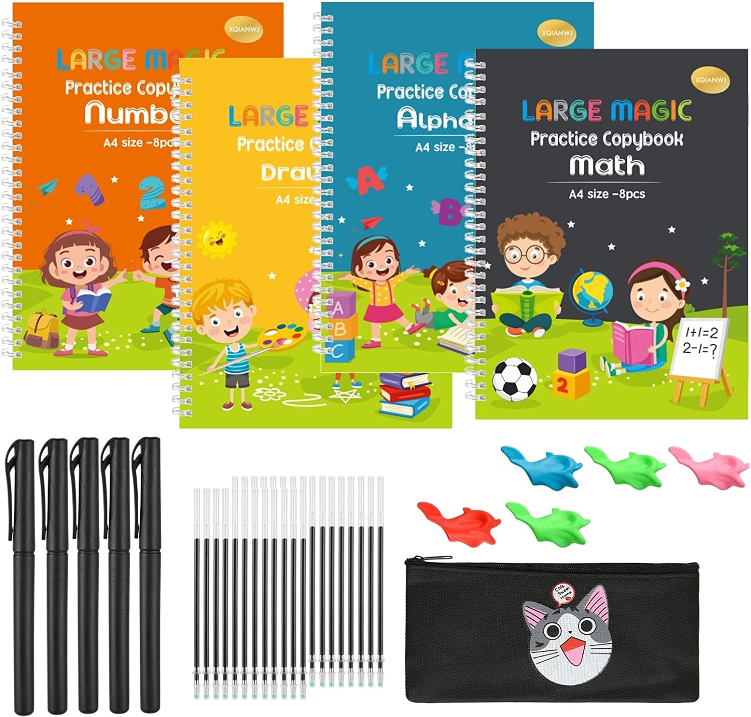 A4 Size Reusable Handwriting Practice Book for Kids,3D Grooves Magic Practice Copybook for Preschoolers,Large English Calligraphy Copybook with 4Books,5Pens,30Refills,5Holders,1Pen Bag