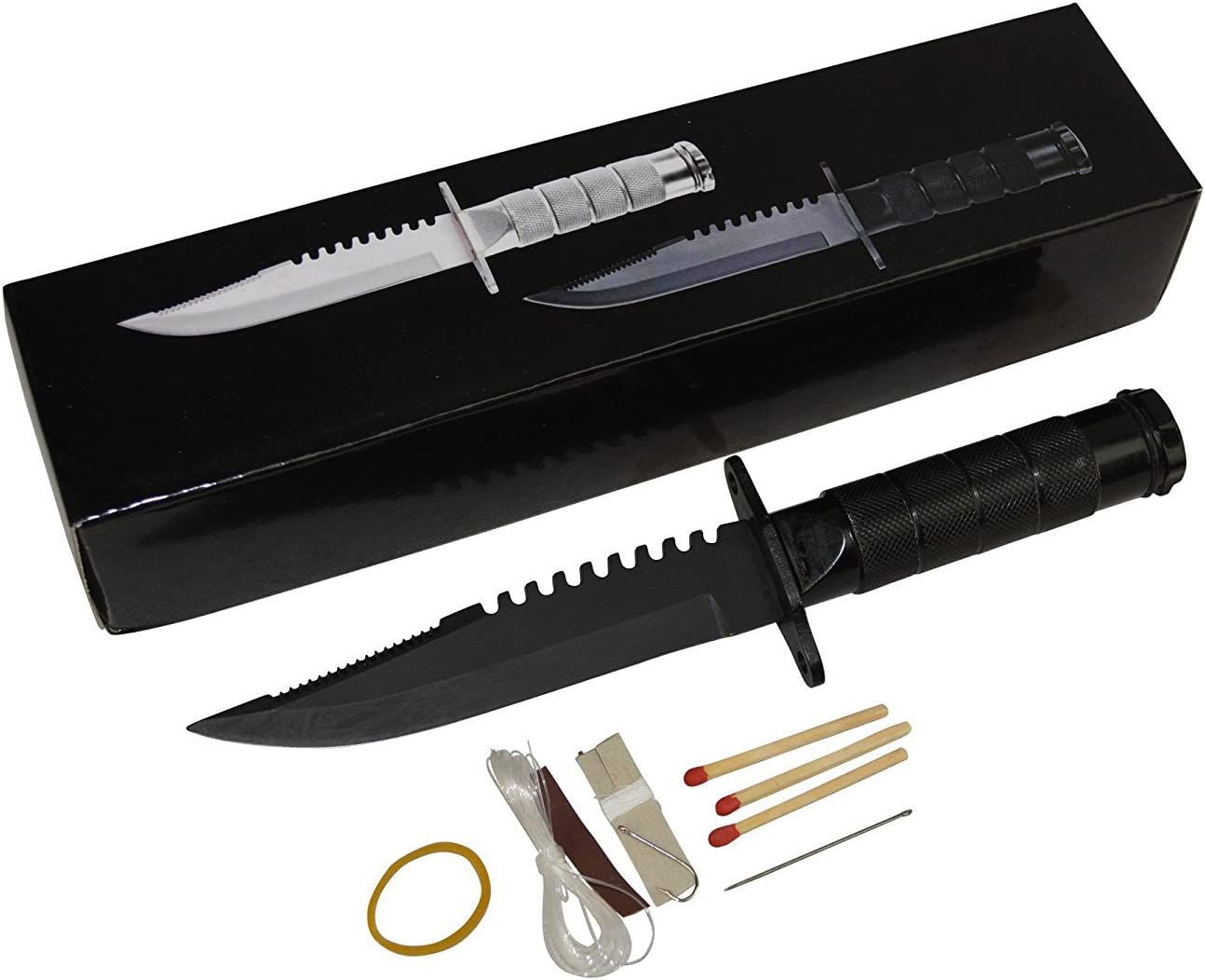 Snake Eye Tactical Black Serrated Blade Hunting Knife w/ Survival Kit & Sheath Camping Fishing Matches Fish hooks Needles Compass