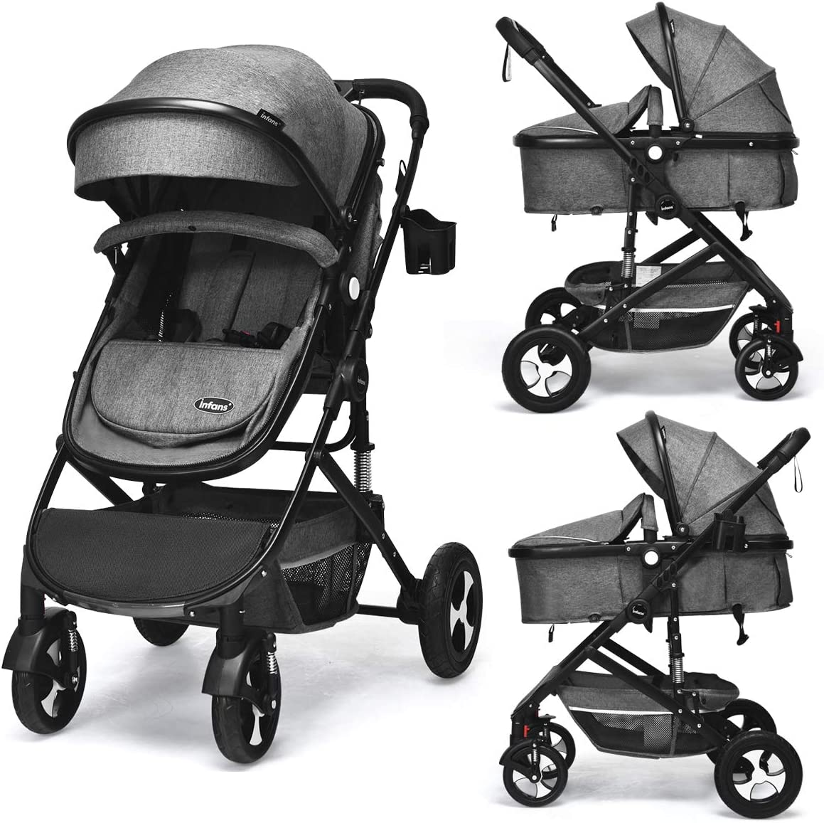 INFANS Baby Stroller for Newborn, 2 in 1 High Landscape Convertible Reversible Bassinet Pram for Infant & Toddler, Foldable Aluminum Alloy Pushchair with Adjustable Backrest, 3D Suspension (Grey)