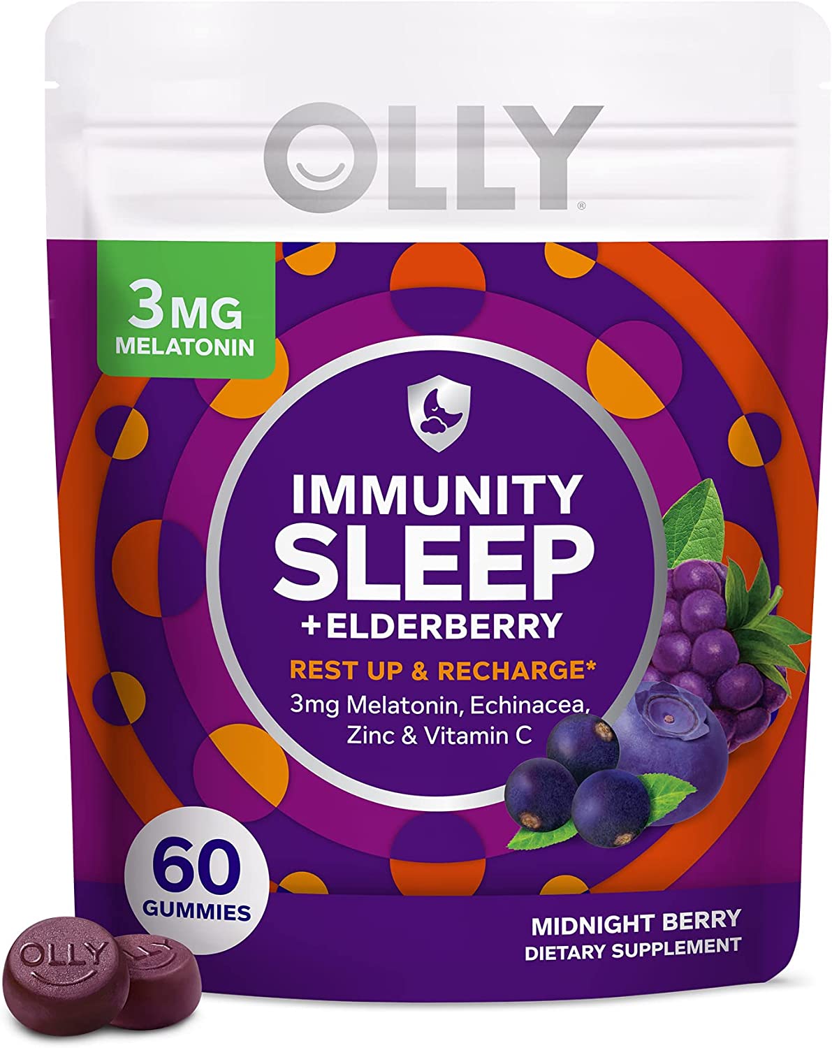 OLLY Immunity Sleep Gummy, Immune and Sleep Support, 3mg Melatonin, Echinacea, Zinc, Vitamin C, Chewable Supplement, Berry – 60 Count