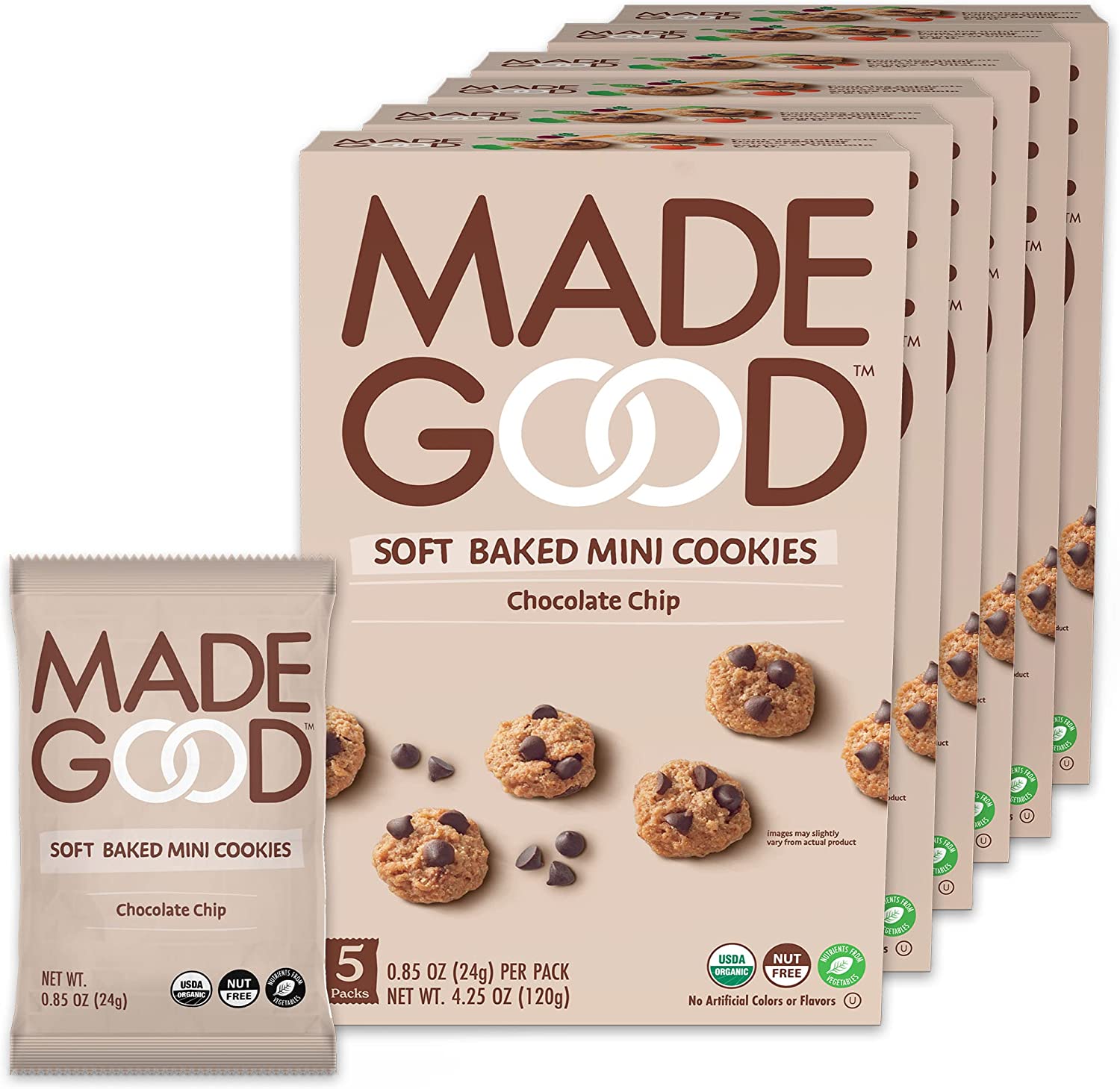 MadeGood Soft Baked Chocolate Chip Mini Cookies, Gluten Free & Safe For School Snacks, 30 Count