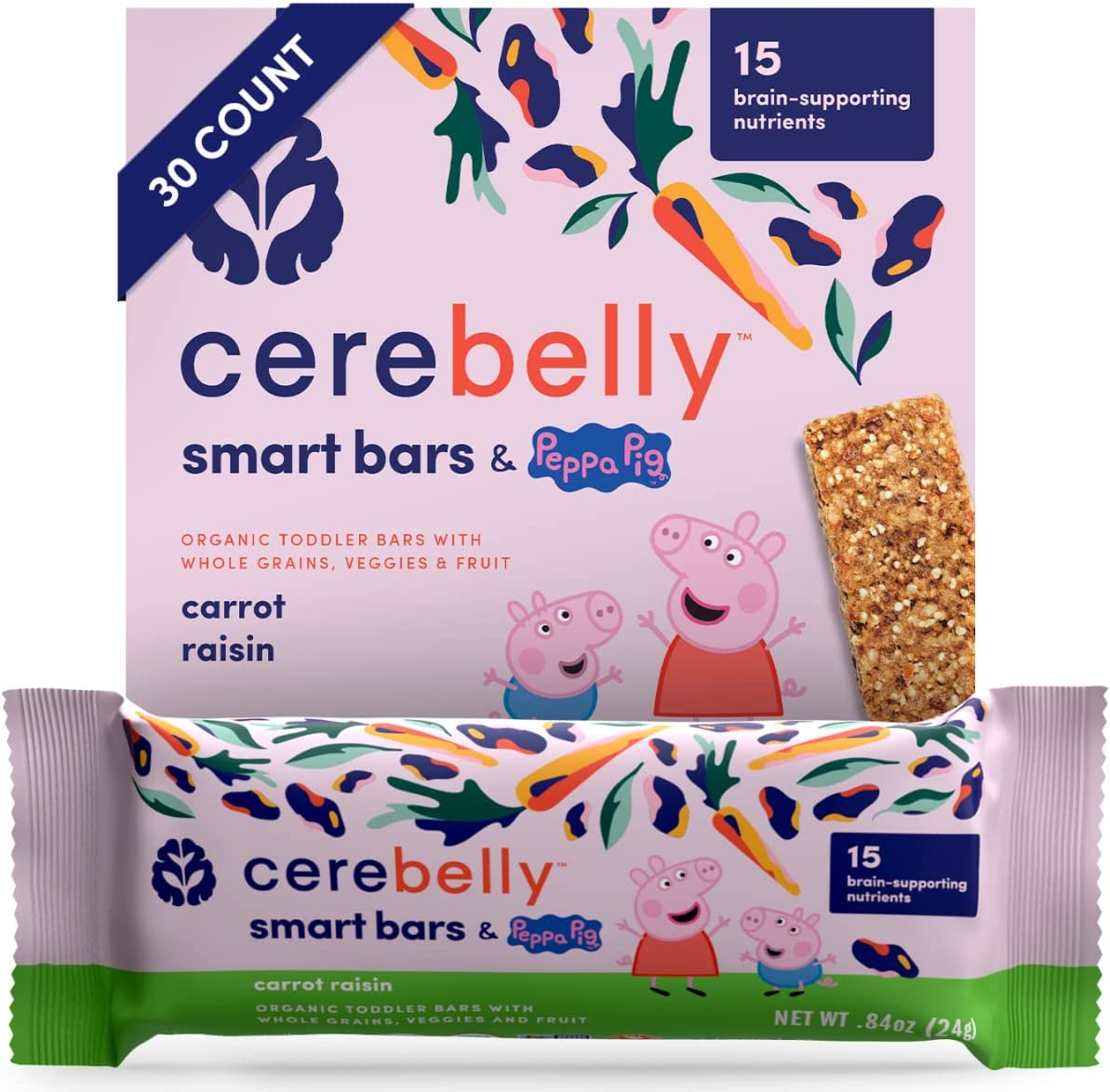 Cerebelly Toddler Snack Bars – Organic Peppa Pig Carrot Raisin (Pack of 30), Healthy Snack Bars for Kids – 15 Brain-supporting Nutrients from Superfoods – Gluten Free, Nut Free, No Added Sugar, Organic Whole Grain Nutrition Bars with Veggies & Fruit