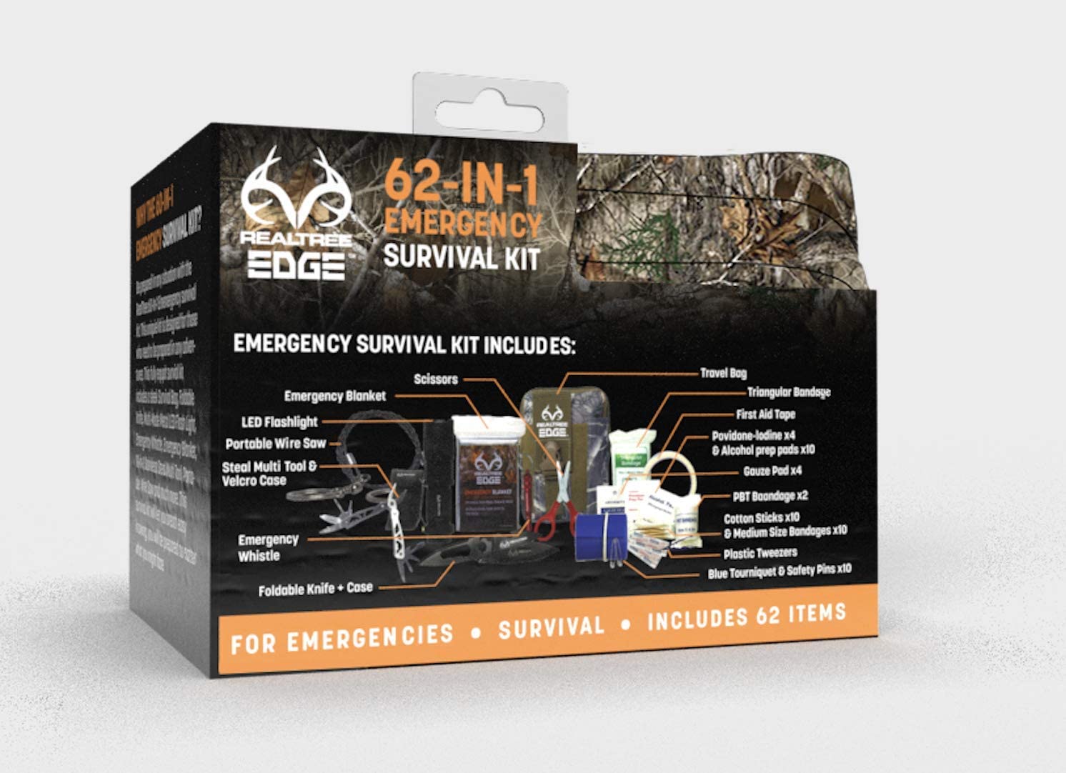 Realtree 62-in-1 Emergency Survival and Medical Kit – Survival First Aid Kit and Outdoor Survival Kit with Survival Bag, Foldable Knife, Multi-Mode Metal LED Flashlight, Medical Supplies, and More