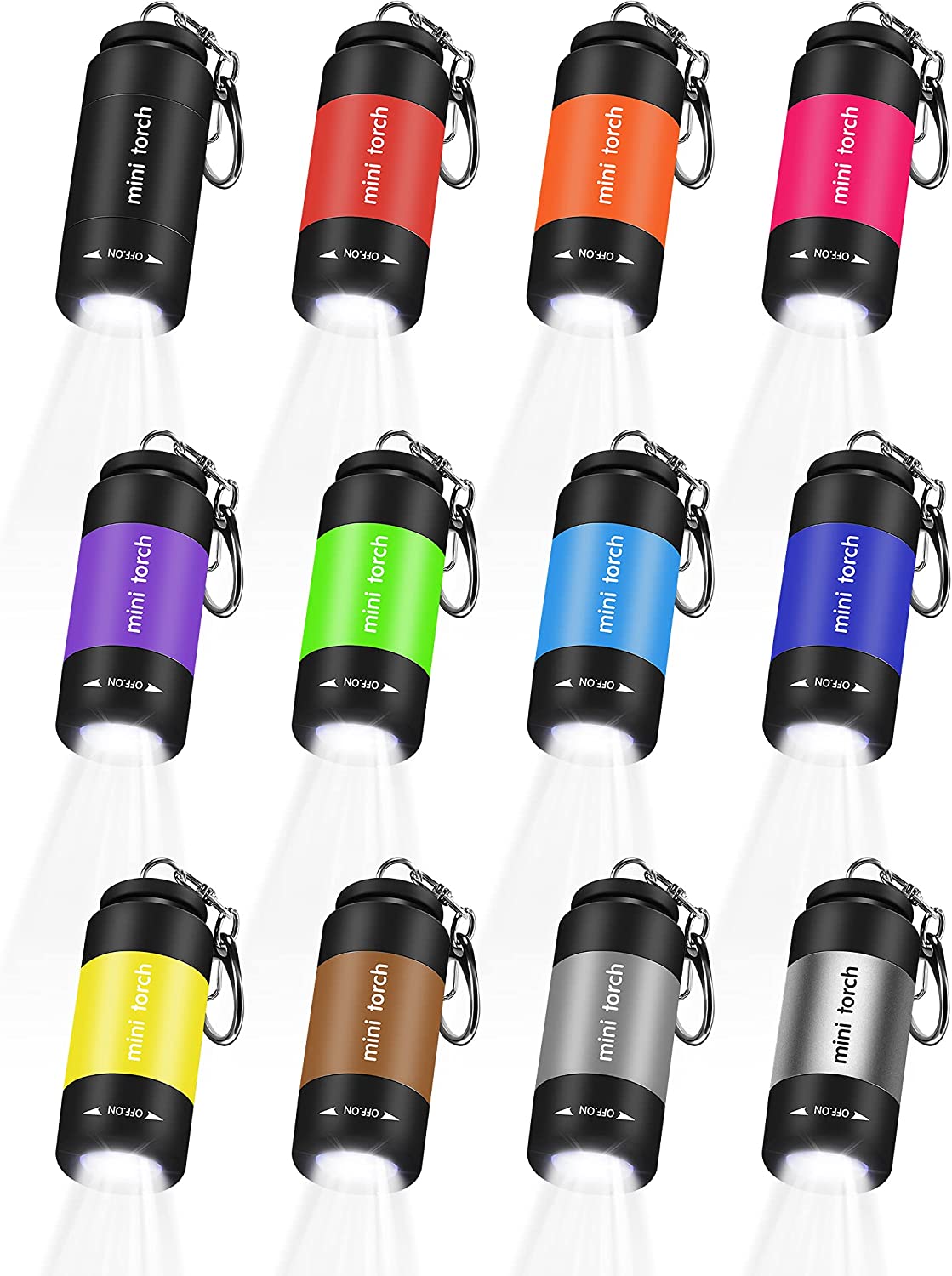 12 Pieces Mini Keychain Flashlight, USB Torch Rechargeable Colorful LED Flashlight High-Powered Keychain Lamp, Multicolor (White Light)