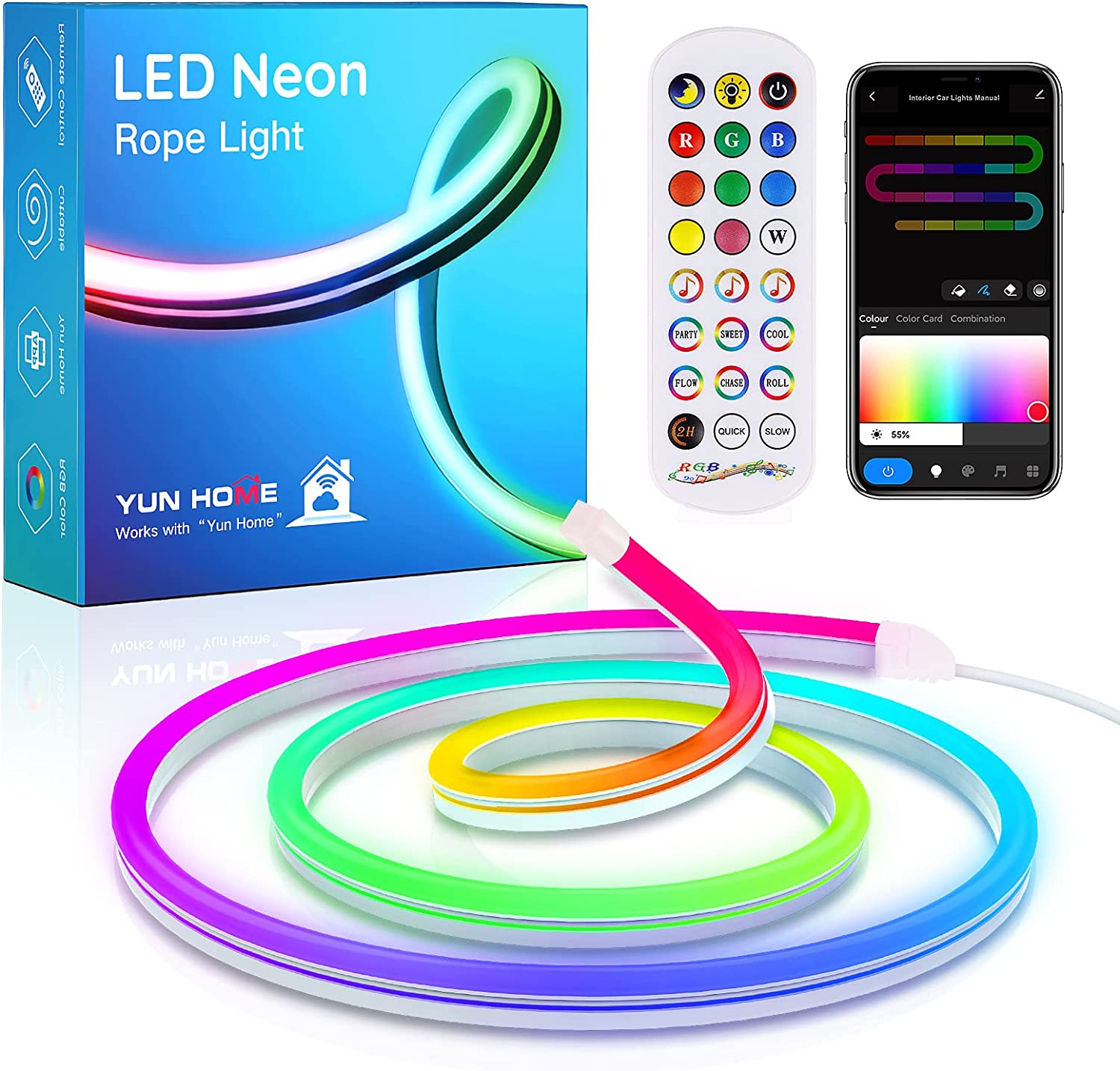 KJOY LED Strip Neon Flexible Rope Light, 11FT/3.5M RGB Neon Rope Lights with App & Remote Control, 12V Cuttable Silicone DIY Creative Neon Rope Lighting Flex Rope for Bedroom Dormitory Kids Room Decor
