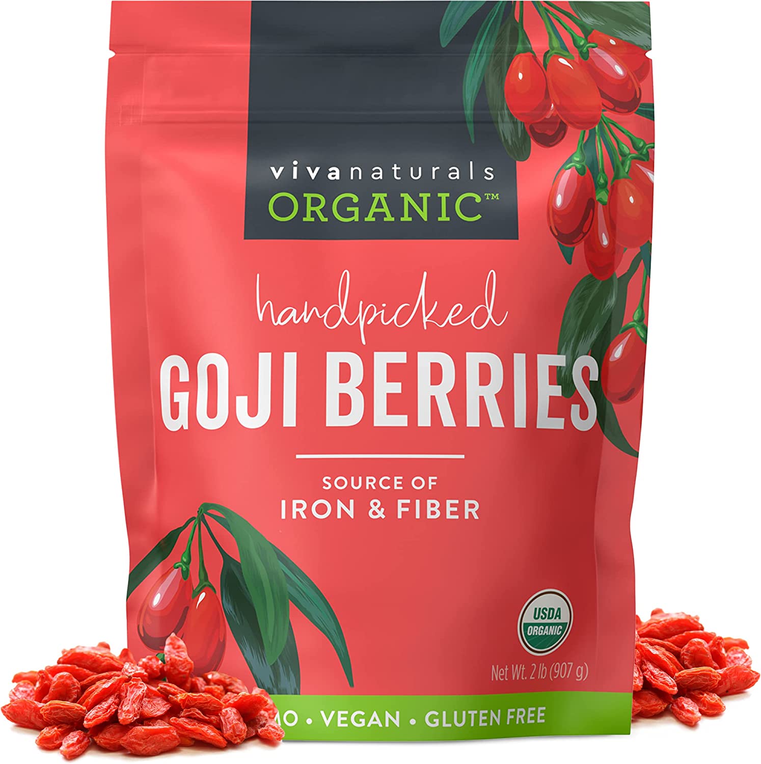 Organic Dried Goji Berries, 2 Lb- Non-GMO And Vegan Wolfberries, Perfect For Baking, Smoothies, Teas And Healthy Snacks For Adults, Goji Berries Organic (907 g)