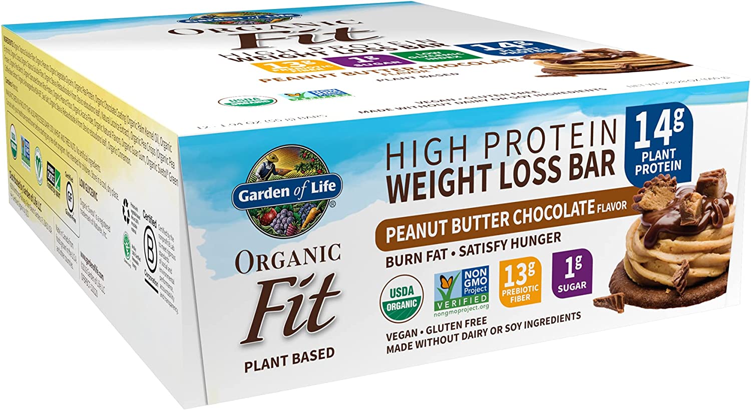 High Protein Bars for Weight Loss – Garden of Life Organic Fit Bar – Peanut Butter Chocolate (12 per carton) – Burn Fat, Satisfy Hunger and Fight Cravings, Low Sugar Plant Protein Bar with Fiber