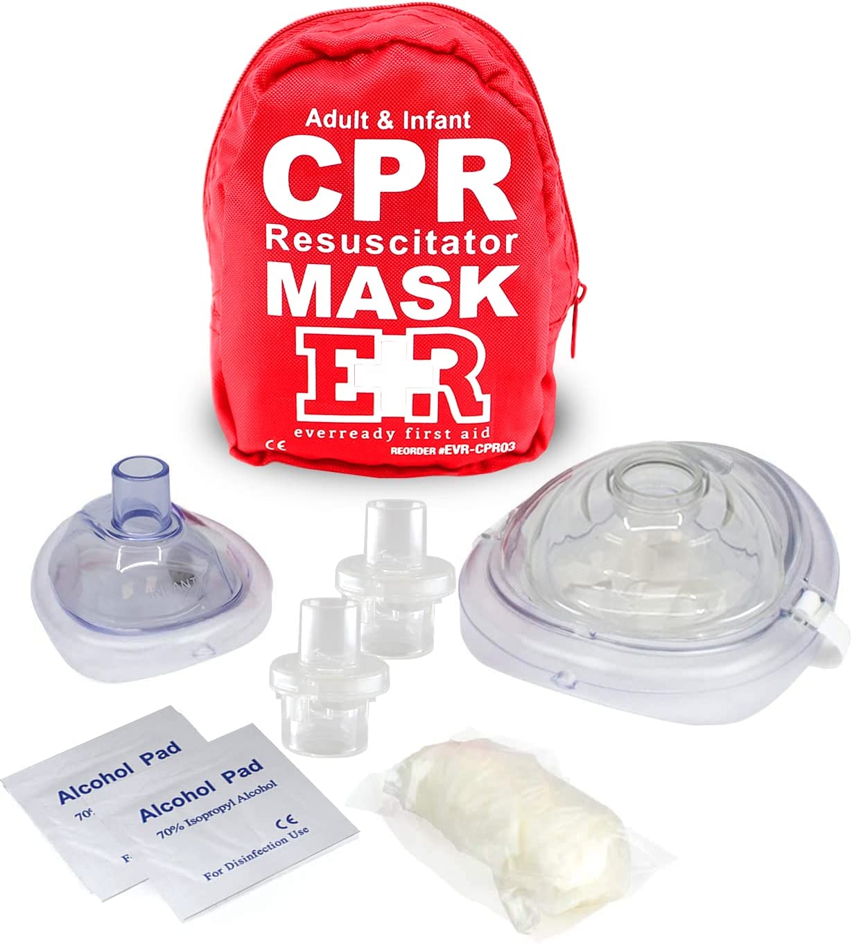 Ever Ready First Aid Adult and Infant CPR Mask Combo Kit with 2 Valves with Pair of Vinyl Gloves & 2 Alcohol Prep Pads – Red