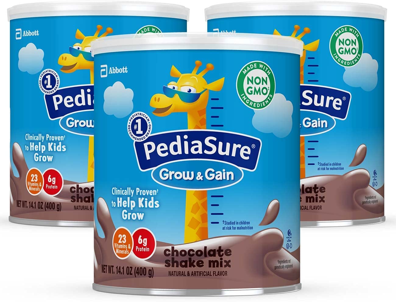 PediaSure Grow & Gain Non-GMO and Gluten-Free Shake Mix Powder, Nutritional Shake For Kids, With Protein, Probiotics, DHA, Antioxidants*, and Vitamins & Minerals, Chocolate (24 servings – 3 cans)