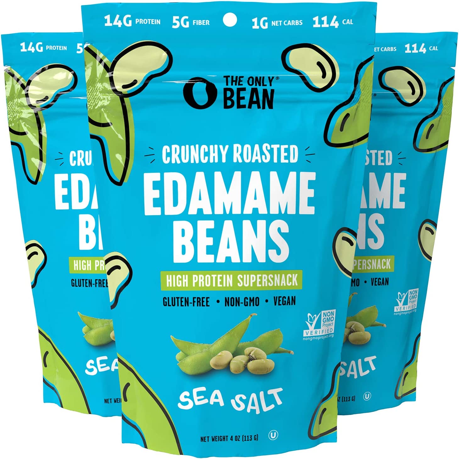 The Only Bean – Crunchy Roasted Edamame Beans (Sea Salt) – Keto Snacks (2g Net) – High Protein Healthy Snacks (14g Protein) – Low Carb & Calorie, Gluten-Free Snack, Vegan Keto Food – 4 oz (3 Pack)